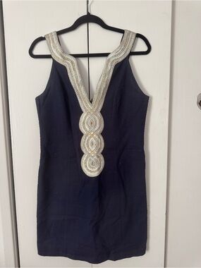 Lily Pulitzer Navy Dress with Gold Embellished Plunge Neckline
